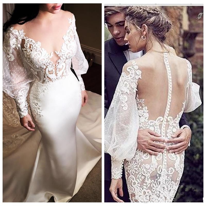 Long Mermaid Dresses Lace Appliques Jewel Neck Satin Sexy See Through Formal Bridal Gowns Wedding Dress Vestidos De Marriage 0914