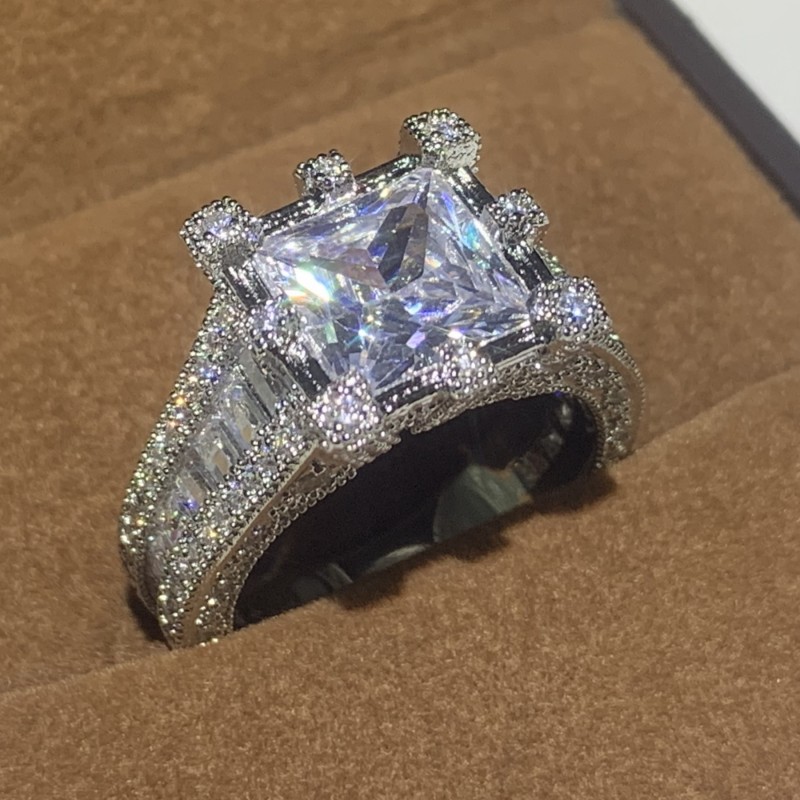 Size 5-10 Vintage Fine Jewelry 925 Sterling Silver Princess Cut Large White Topaz Pave CZ Diamond Gemstones Couple Women Bridal Ring Set