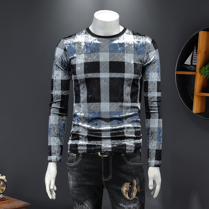 Or velours stretch tendance hommes slim fit T-shirt à manches longues 2020 tenue d'automne en tête shirt imprimé talonnage hommes à carreaux