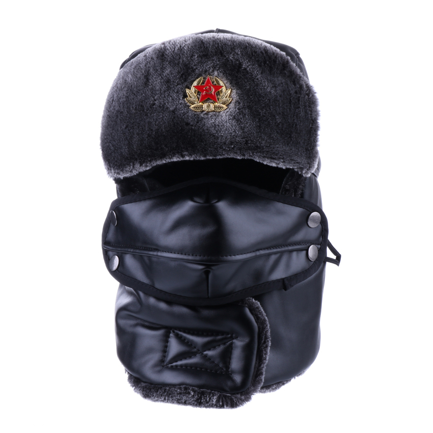 Bomber Hat Russian Ushanka PU Leather Winter Trapper Soviet Badge Army Aviator Trooper Neck Cover Earflap Snow Ski Cap with Mask T200819