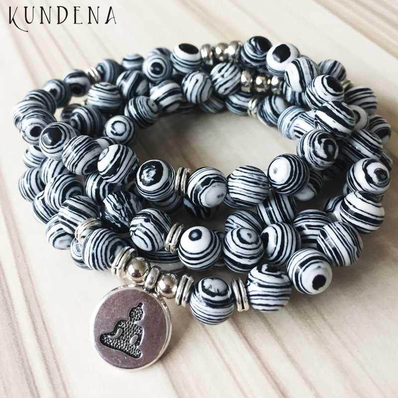 Men Multi-wrap Zebra pattern stone Beaded bracelet Malachite Buddhist 108 Mala Buddha bracelet Lotus Yoga OM Charm