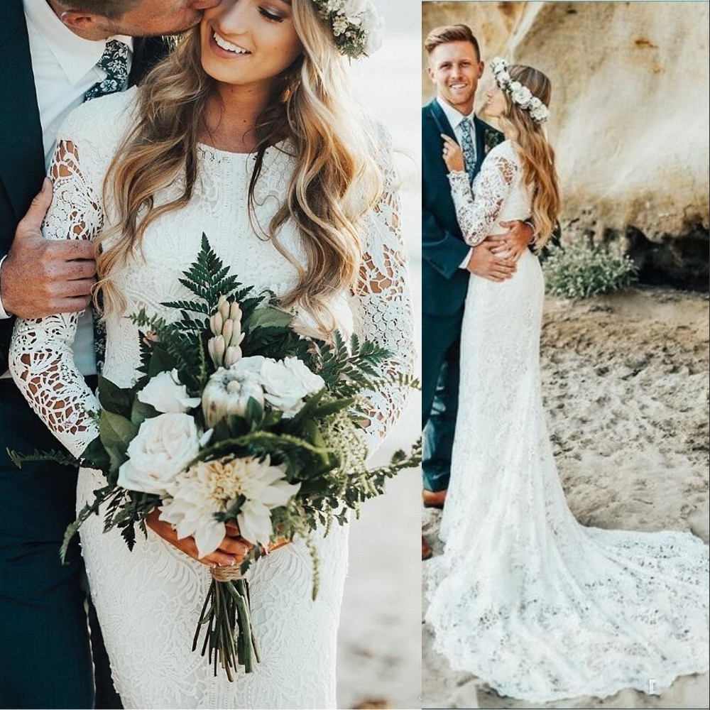 Country Beach Bohemian Full Lace Mermaid A Line Wedding Dresses Long Sleeves Boho Court Train Wedding Dress Bridal Gowns vestidos de novia
