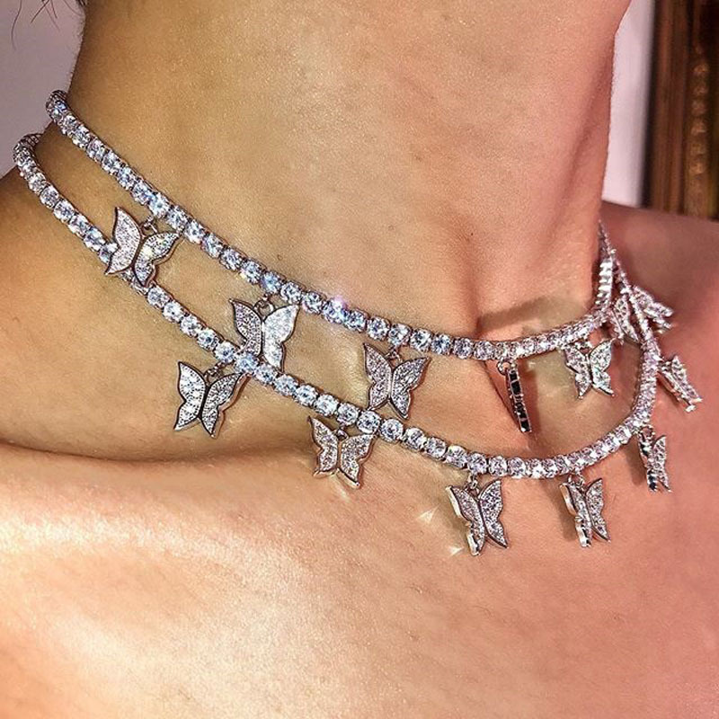 Iced Out Butterfly Chokers Diamond Tennis chains Necklace Tassels Fashion Jewelry Women Hip Hop Necklaces