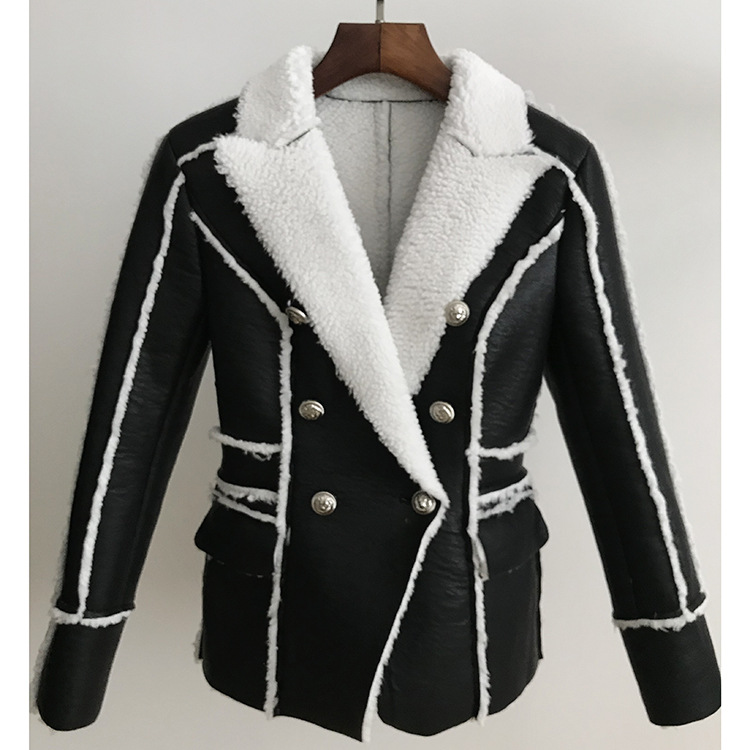 faux PU leather coat short jacket outwear suit 2020 fashion with fur lined lining classic black with white stripe line, As pic
faux PU leather coat short jacket outwear suit 2020 fashion with fur lined lining classic black with white stripe line, As pic