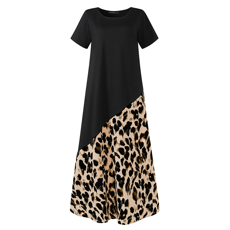 Fashion Leopard Printed Maxi Dress Women's Summer Sundress ZANZEA 2020 Casual Short Sleeve Patchwork Vestidos Plus Size Robe 5XL