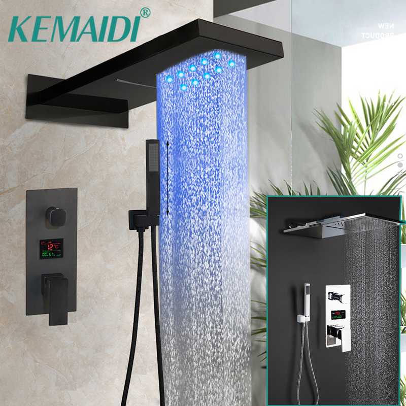 KEMAIDI Black Bathroom Shower Faucet Rainfall Shower Head 2 & 3 Functions Digital Display Mixer Waterfall Faucets Set
KEMAIDI Black Bathroom Shower Faucet Rainfall Shower Head 2 & 3 Functions Digital Display Mixer Waterfall Faucets Set