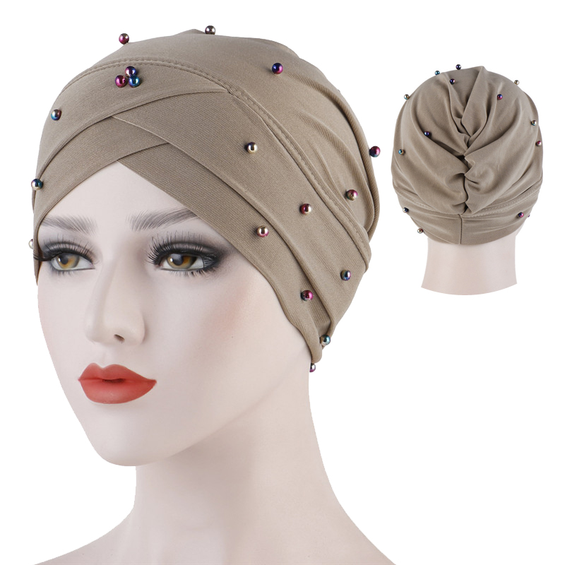 2020 Fashion Cross Headscarf Hat Solid beading Inner Hijab Bonnet Handmade Linen Muslim Turban Cap Islam Arab Wrap Head Hats