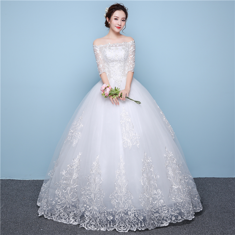 White Lace Boat Neck Half Sleeve Fashion Simple Wedding Dress Gowns Hiqh Quality Floor Length Big Embroidery Off the shoulder