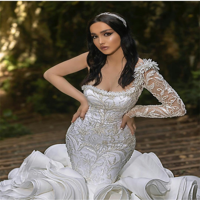 Dubai Arab Mermaid Wedding Dresses Luxury Ruffles Lace Beads Appliqued Bridal Gowns One-shoulder Sweep Train Chic Vestidos De Novia
