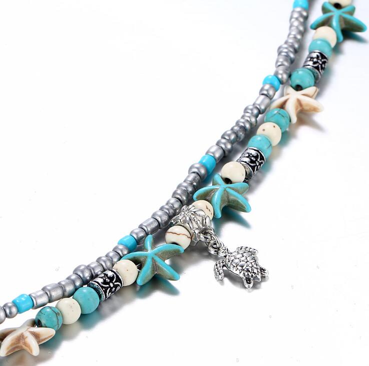 Double Anklet Conch Starfish Rice Bead Yoga Beach Turtle Pendant Anklet Bracelet GD543