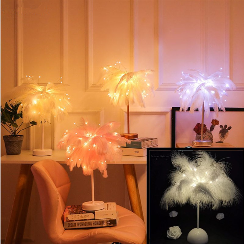 Creative feather Table lamp warm white light tree feather lampshade girl LED wedding decorative lights pink white birthday gift
Creative feather Table lamp warm white light tree feather lampshade girl LED wedding decorative lights pink white birthday gift