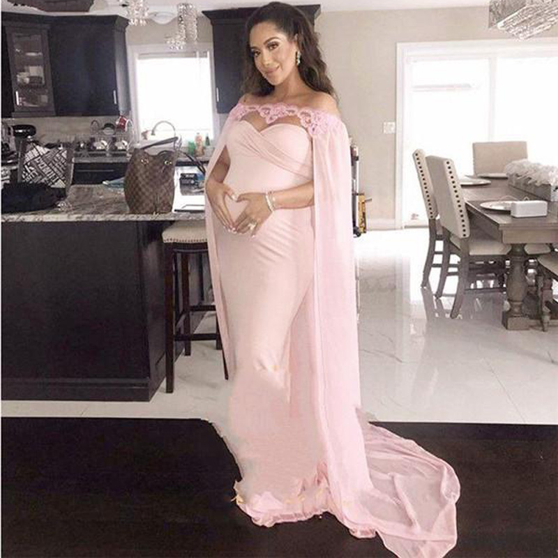 2020 Pink Lace Long Prom Dresses With Cloak Pregnant Evening Dresses Sweetheart Plus Size Chiffon Formal Party Dress Customize Maternity Gow