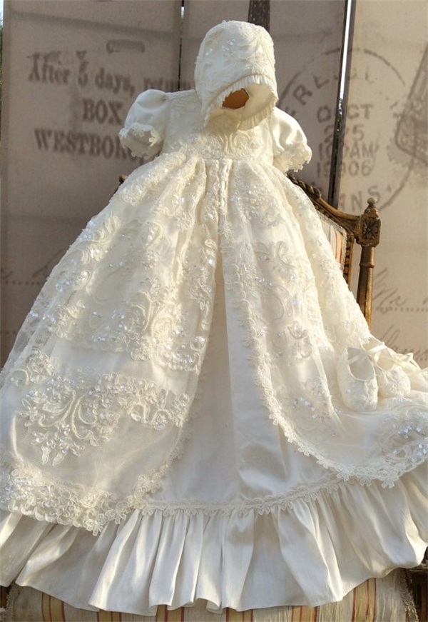 2021 Lace Christening Gown Lace Sequins Baby Infant Toddler Girls Baptism Dresses With bonnet White Ivory