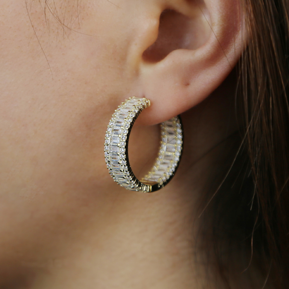 2020 summer New Fashion Iced Out Round Circle baguette cz hoop huggie Earrings Gold Color Hip Hop Bling CZ jewelry For Women T200813