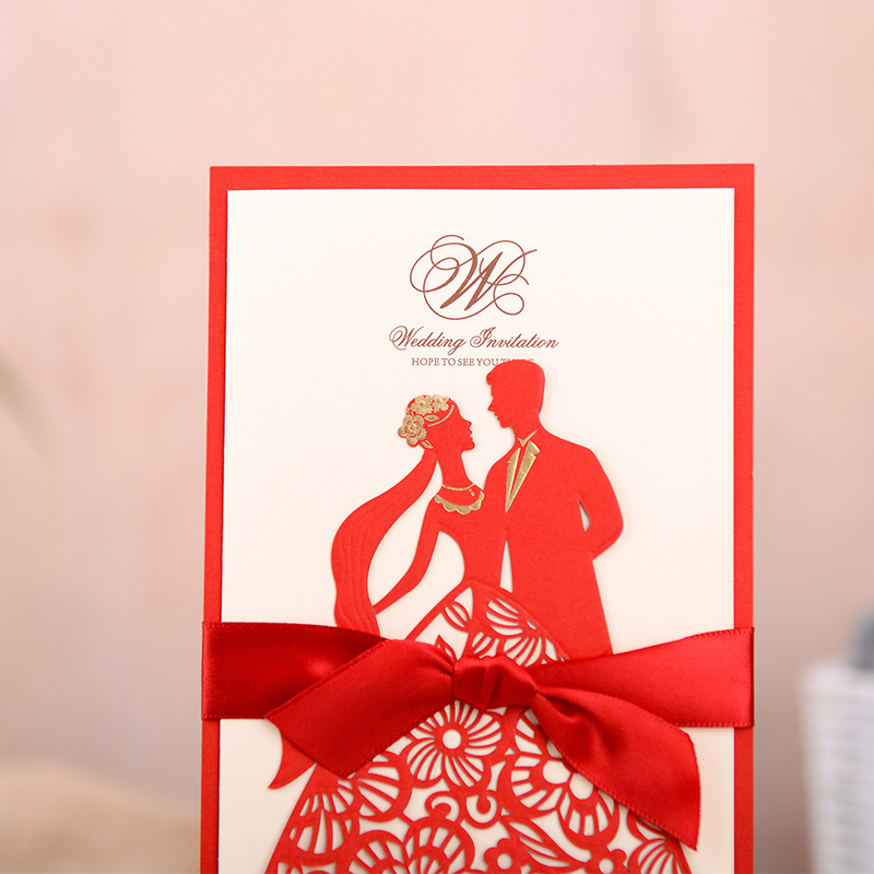 Unique Hollow Engraving Wedding Invitations Creative Brides Couples Cards Red Navy Bronze Cover Foil Stamping Vintage Wedding Invitation