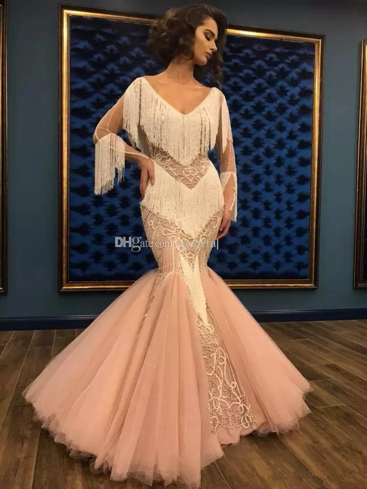 Tassel Beaded Pink Mermaid Prom Dresses Long Sleeve V Neck Evening Gowns Lace Appliqued Sweep Train Luxury Formal Dress