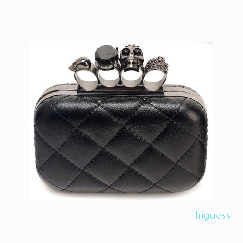 Designer- Fashion Woman Leather Evening Clutch Hand Bags Creepy Skull Rings Handbag Halloween Party Chain Shoulder Bag Plaid Purse