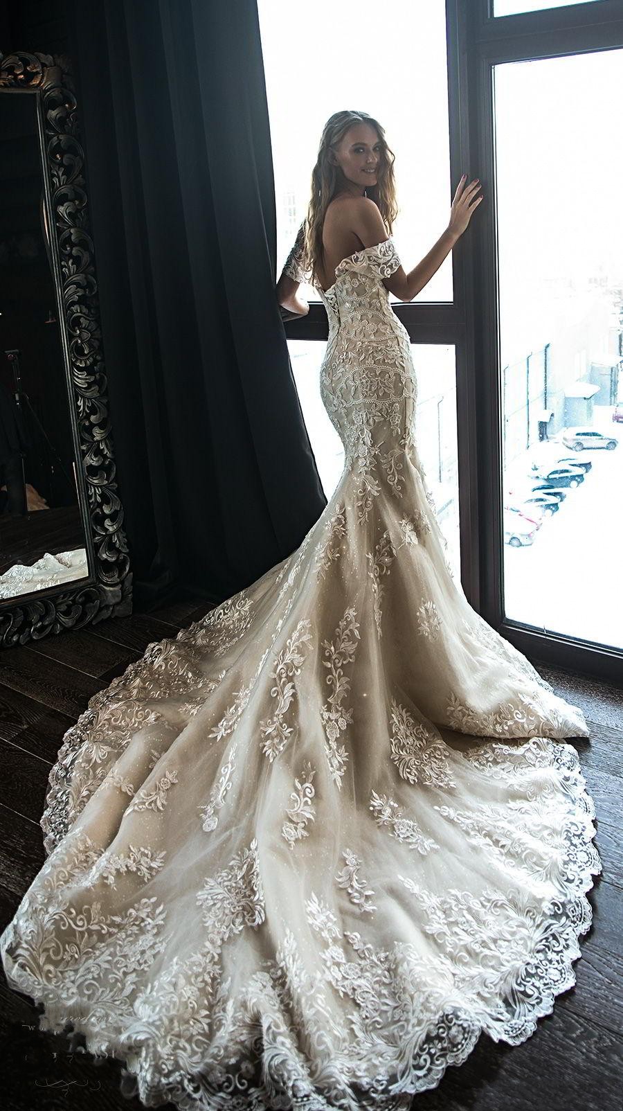 New Arrival Stunning Lace Champagne Mermaid Dresses With Detachable Satin Train Off Shoulder Wedding Dress Bridal Gowns Vestidos