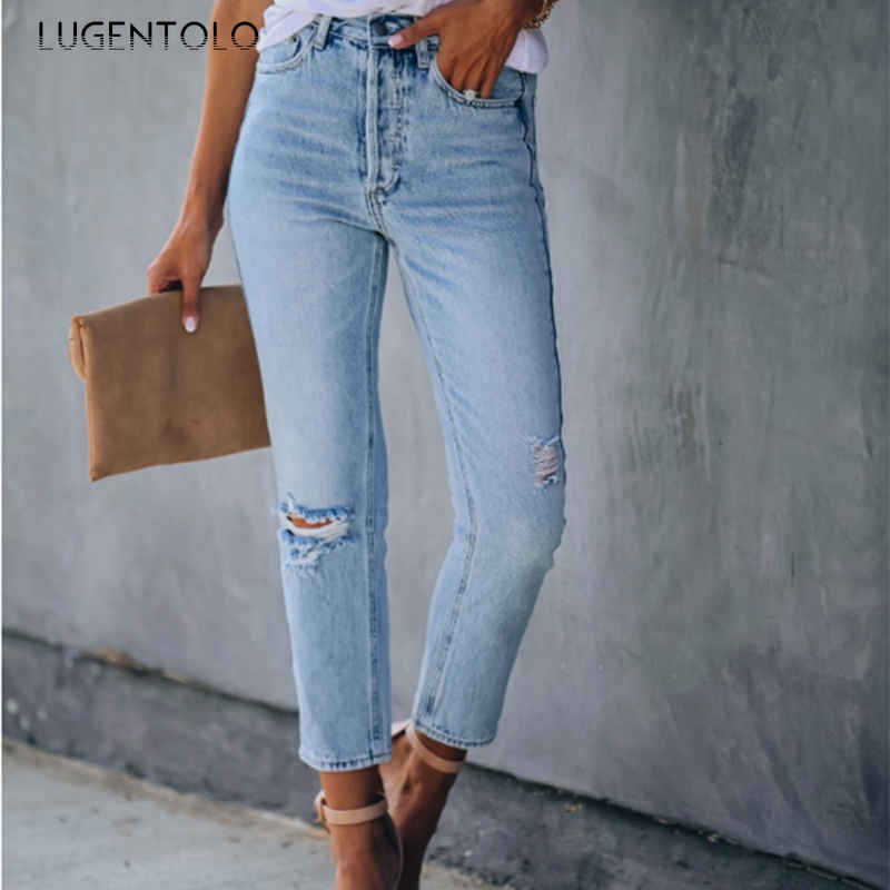 Lugentolo Women' Sexy Jeans Hole Slimming Ripped Casual Jeans Pants Female Solid Light Blue Fashion Street Bleached Long, Lightblue 
Lugentolo Women' Sexy Jeans Hole Slimming Ripped Casual Jeans Pants Female Solid Light Blue Fashion Street Bleached Long, Lightblue