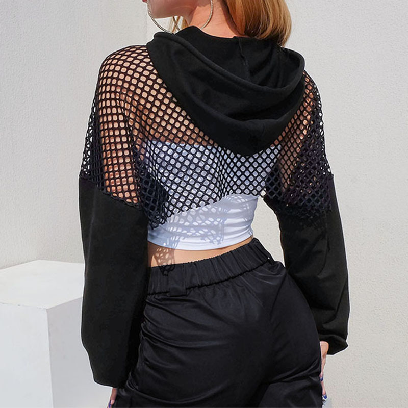 Sweetown Punk Long Sleeve Crop Top Hoodies Sweatshirts Women Black Mesh Fishnet Hollow Out Hip Hop Gothic Hoodie Rave Streetwear MX200812