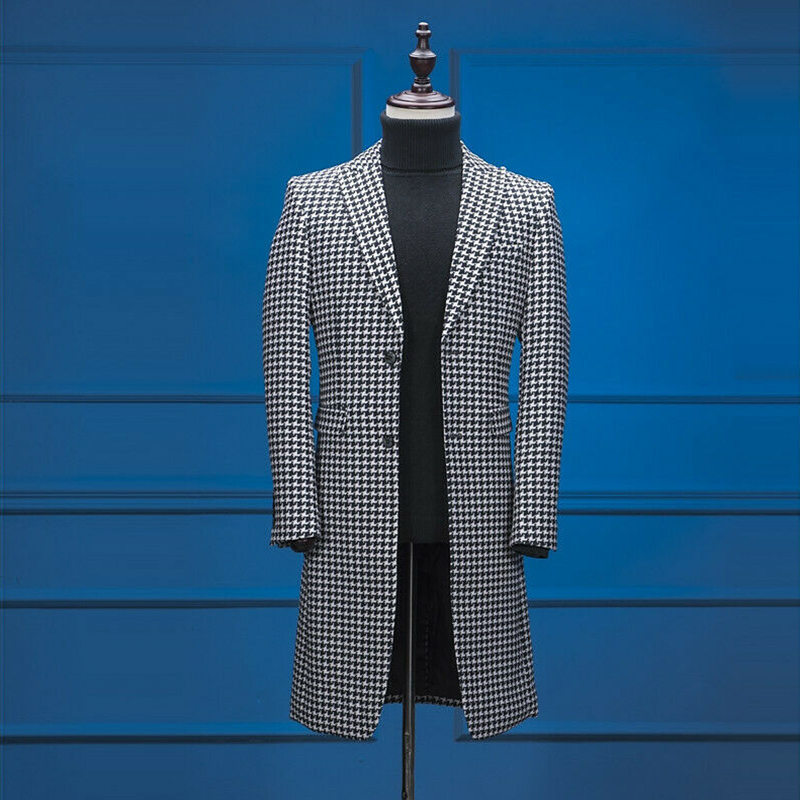 Black Check Mens Long Jacket Suits Two Button Peak Lapel Formal Groom Warm Wear Tuxedos Only One piece