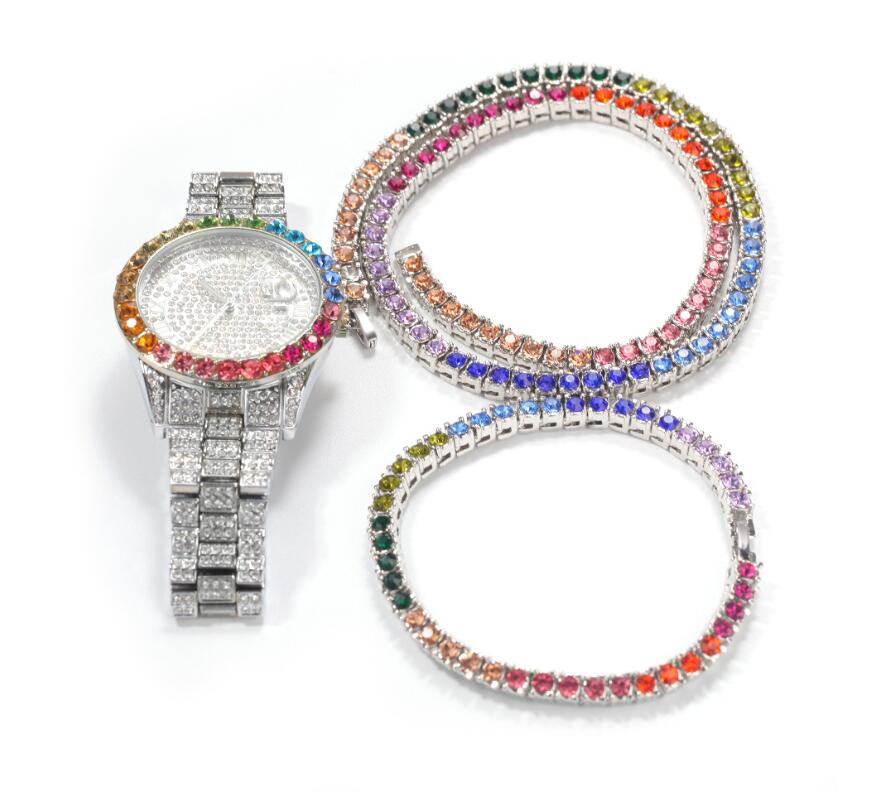 Single row crystal hip hop color zircon Gold Silver Men Watch & Necklace & Bracelet Set Hip Hop Three piece set Holiday gift