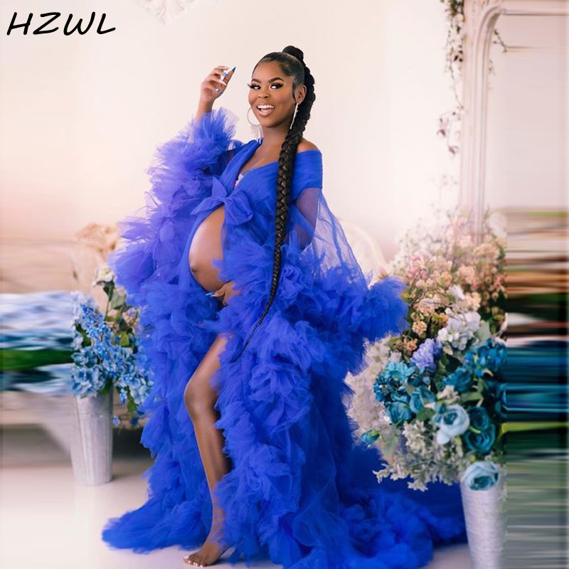 Royal Blue Ruffles Full Sleeve Prom Dresses Pregnant Party Formal Women robe de soiree Sheer Robe Shawel Maternity Photoshoot Gowns