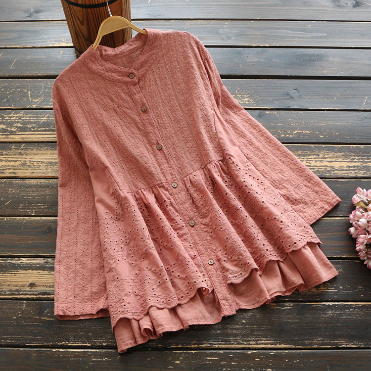 7310 New Spring Women Blouse Cotton Embroidery Double hem Literary Long Sleeve Stand Collar Solid Color Shirt Tops, Brown
7310 New Spring Women Blouse Cotton Embroidery Double hem Literary Long Sleeve Stand Collar Solid Color Shirt Tops, Brown