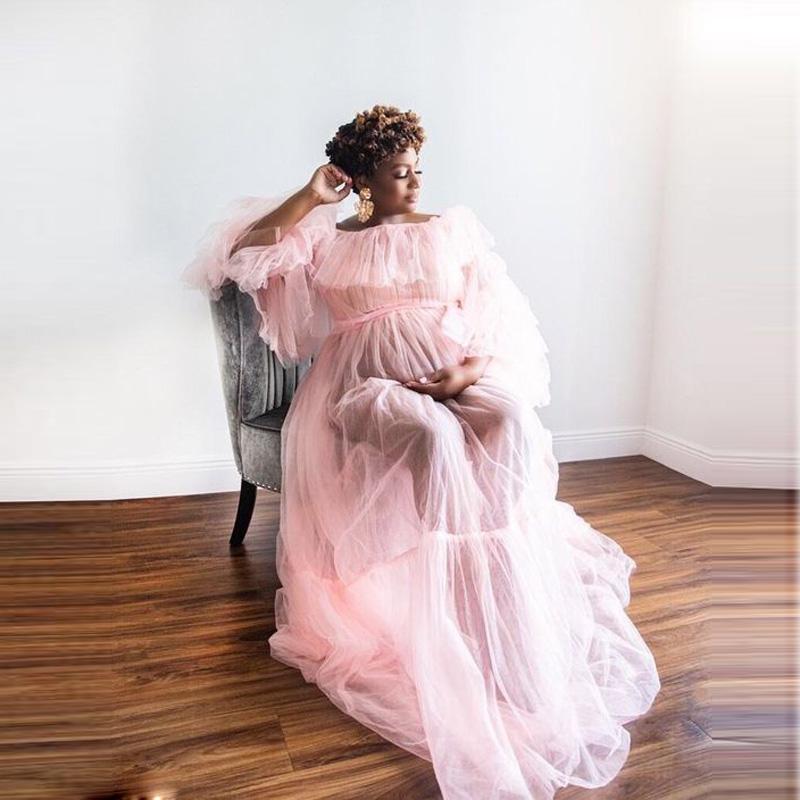 Blush Pink Prom Dresses Tulle Pregnant Dresses Photography Photo shoot Wear Plus Size vestido Sheer Party Dress