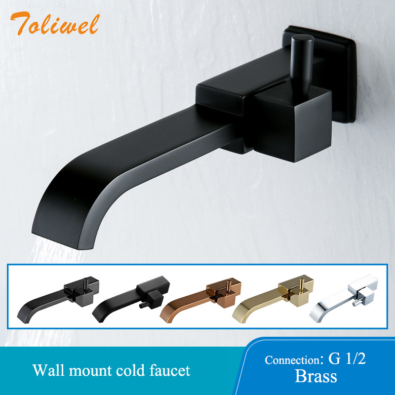 Bathroom Basin Faucet Wall Mounted Cold Water Faucet Bathtub Waterfall Spout Vessel Sink Mop Pool Tap Matte Black Square1