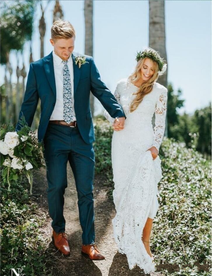 Country Beach Bohemian Full Lace Mermaid A Line Wedding Dresses Long Sleeves Boho Court Train Wedding Dress Bridal Gowns vestidos de novia