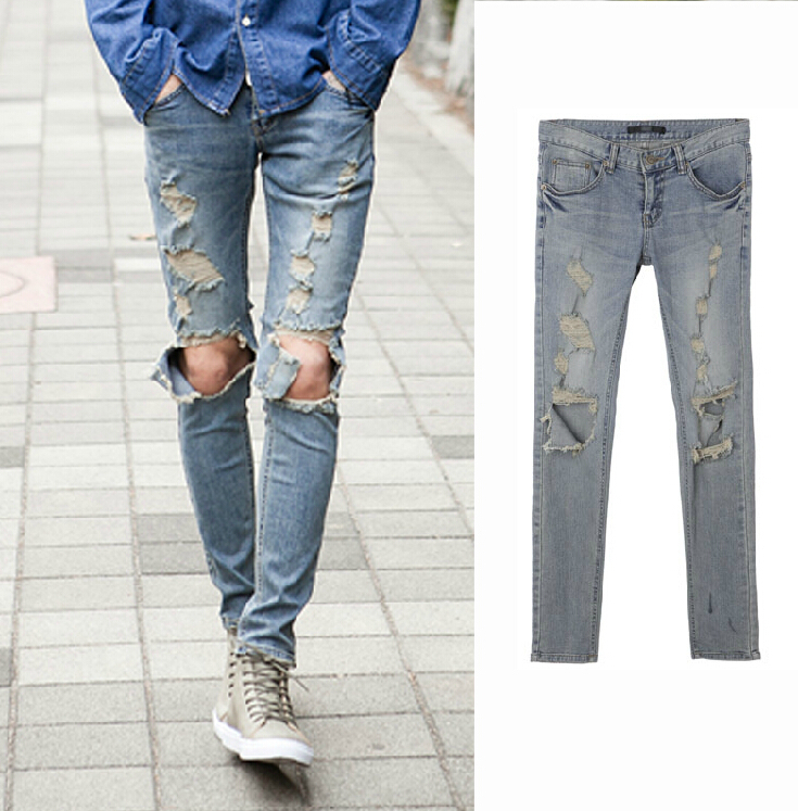 New GD right Zhilong European US neutral street joker big hole in the knee jeans men's feet pants stage singer costumes trousers, Blue
New GD right Zhilong European US neutral street joker big hole in the knee jeans men's feet pants stage singer costumes trousers, Blue