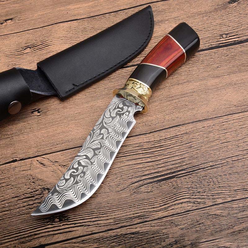 High Quality Bowie Survival Straight Hunting Knife 440C Steel Blade Wood Handle Fixed Blades Knives With Leather Sheath