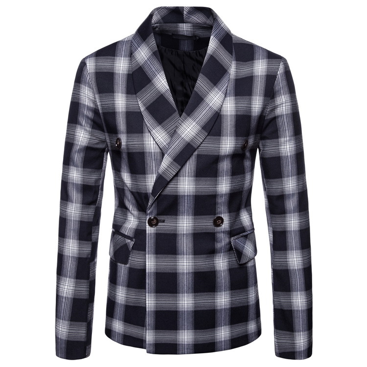 2020 Newest Handsome Casual Fashion Men Retro Style Double-breasted Plaid Block Men Suit Fit Slim Men Coat Jacket