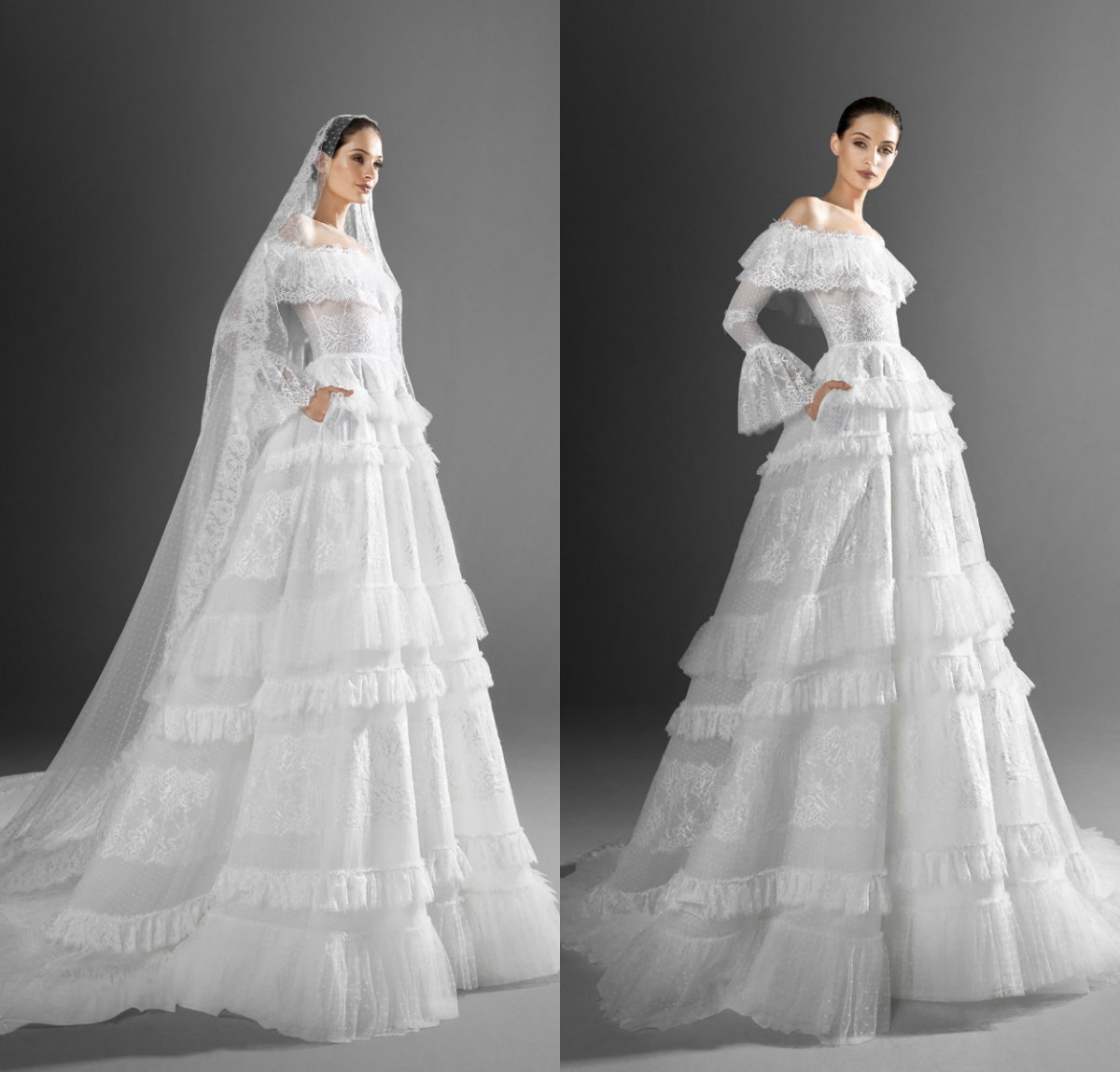 2021 Zuhair Murad A Line Wedding Dresses Sexy Off Shoulder Long Sleeve Lace Sweep Train Plus Size Tiered Ruffles Wedding Robe De Mariée