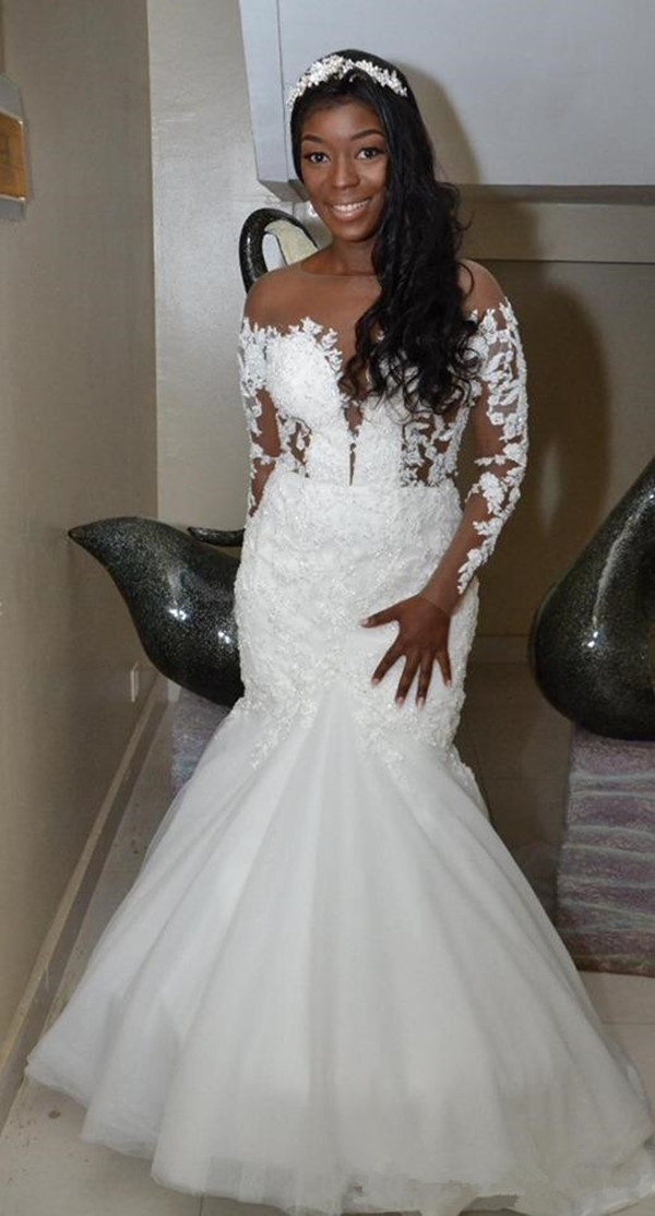 Arabic Aso Ebi Mermaid Wedding Dresses 2021 Sheer Neck Long Sleeve Open Back Lace Beaded African Bride Gowns Plus Size vestidos
