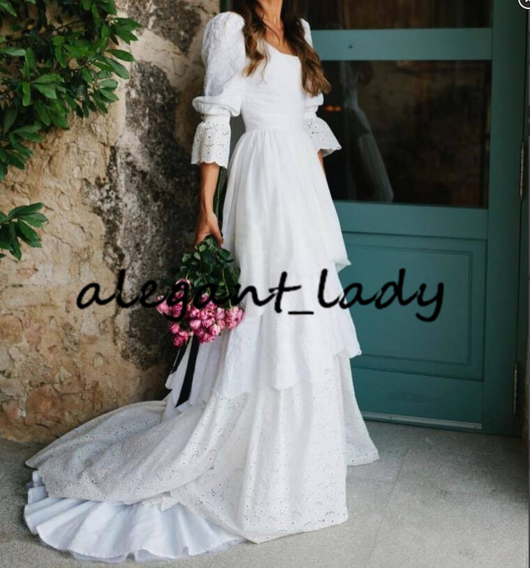 Vintage Western Country Bride Wedding Dresses 2021 Long Sleeve Lace Chiffon Bohemian Beach Layers Wedding Gown bestidos de novias