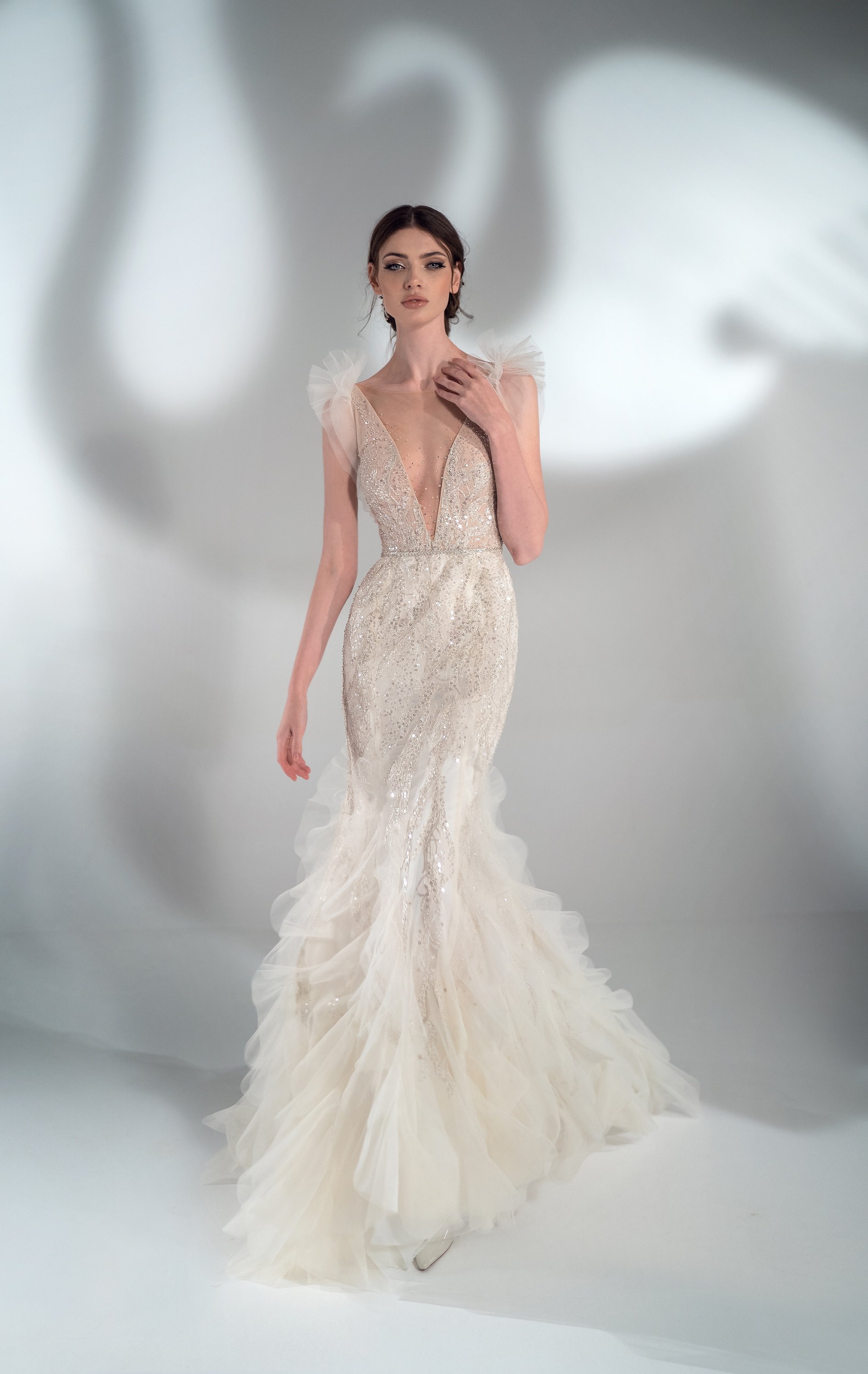 sparkly mermaid wedding dresses sexy deep v neck sequins lace appliques bridal gowns laceup back tiered wedding dress