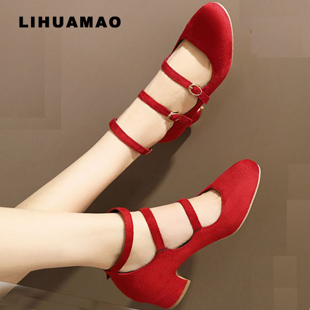 

LIHUAMAO Red Mary jane shoes square heels ankle strap round toe cosplay lolita dancing party wedding shoes for women, Black