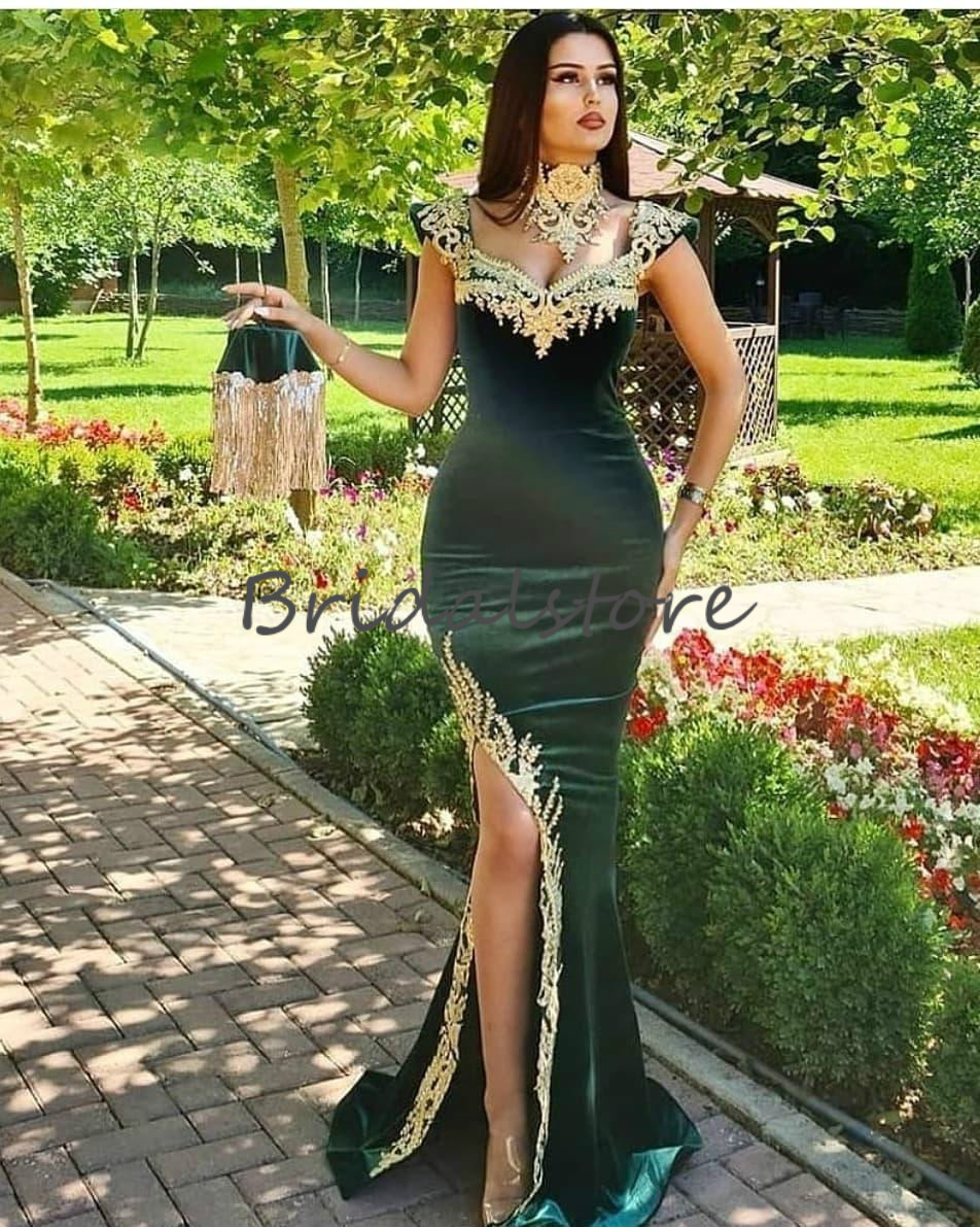 Dubai Caftan Green Mermaid Evening Dresses With Detachable Train 2020 Elegant Turkey Arabic Gold Lace Prom Dress With Slits Plus Size Formal