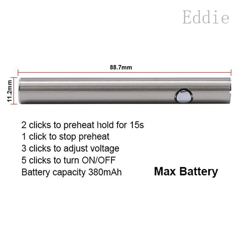 Wholesale Max Battery 380mAh Pre heat Variable Voltage vaporizer pen bud touch battery Thread Bottom Charge Vape Battery With USB Charger
Wholesale Max Battery 380mAh Pre heat Variable Voltage vaporizer pen bud touch battery Thread Bottom Charge Vape Battery With USB Charger
