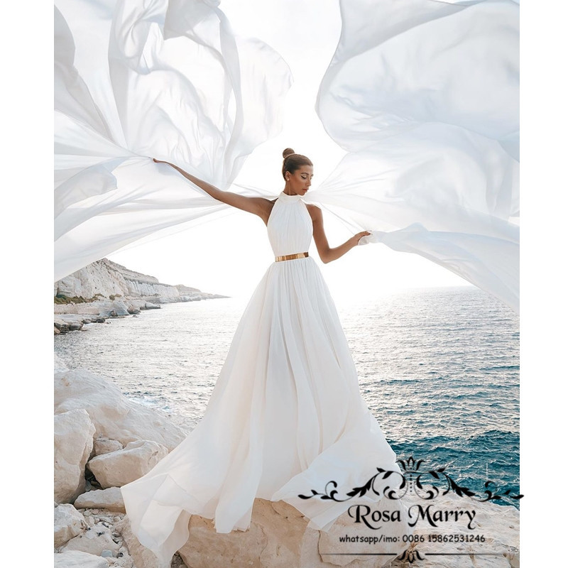 Sexy Backless Plus Size Beach Wedding Dresses 2021 A Line Halter Greek Style Boho Chiffon vestido De Novia Bridal Gowns