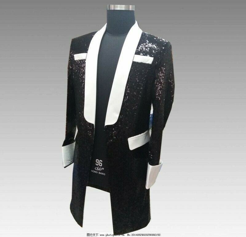 Wedding Groom Tuxedos Sequings White & Black One Piece Mens Coat Magician Performance CostumeTuxedos Cheap Stock XXXL