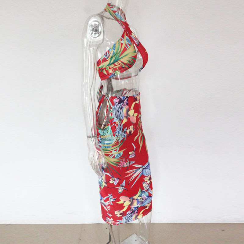 Beyprern Tropical Tied Skirt Set (Green) Womens Halter Neck Floral Crop Top And Maxi Skirt Set Two Pieces Outfits Beach Suits T200903