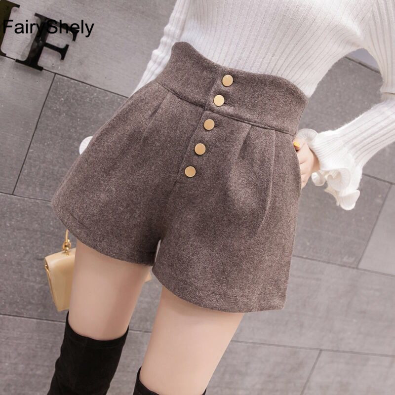 FairyShely 2020 High Waist Elasticated Shorts Women Vintage Wide Leg Wool Shorts Ladies Casual Plus Size Short Femme 5XL T200828