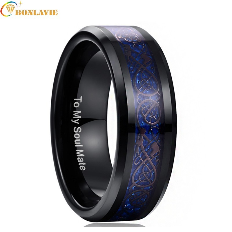 BONLAVIE 8mm Tungsten Steel Ring Black Carbon Fiber Blue Dragon Men Rings TO MY SOUL MATE Husband Birthday Gift Rings Jewelry
BONLAVIE 8mm Tungsten Steel Ring Black Carbon Fiber Blue Dragon Men Rings TO MY SOUL MATE Husband Birthday Gift Rings Jewelry