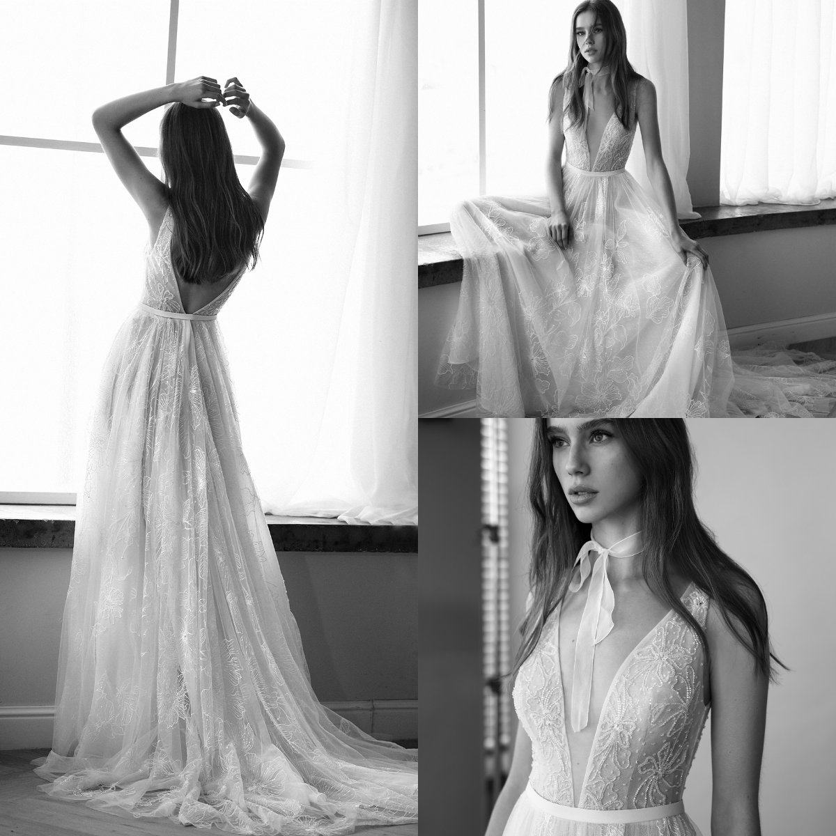 2021 Lihi Hod Embroidery A Line Wedding Dresses Deep V Neck Sleeveless Appliqued Bridal Gowns Sweep Train Backless Wedding Gowns