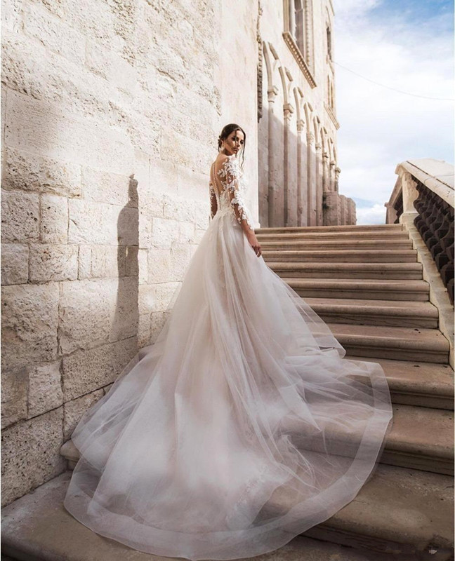 Modest Illusion Long Sleeves Lace Wedding Dress 2021 With Detachable Skirt Tulle Beach Wedding Bridal Gowns Robe de mariee
