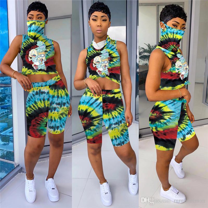 2023 Women Designer T-shirt Shorts tracksuits Outfits Jogger Suit 2 Piece Set With Mask Sleeveless Pullover Tie-dye Summer Casual Clothes Tracksuit
