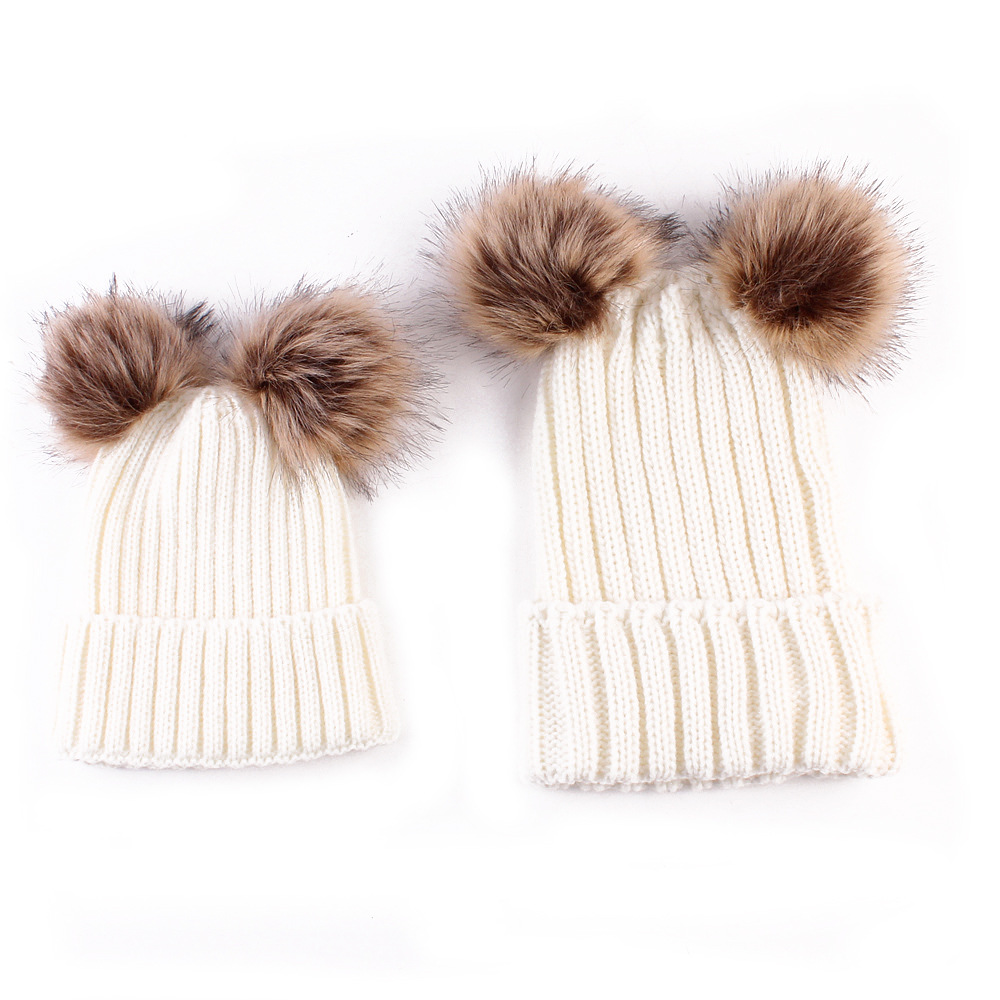 Fashion Parent-child Caps Cute Infant Baby Pom Pom Cap Winter Double Fur Ball Hat Baby Mom Warm Knitted Hat Newborn Beanies
